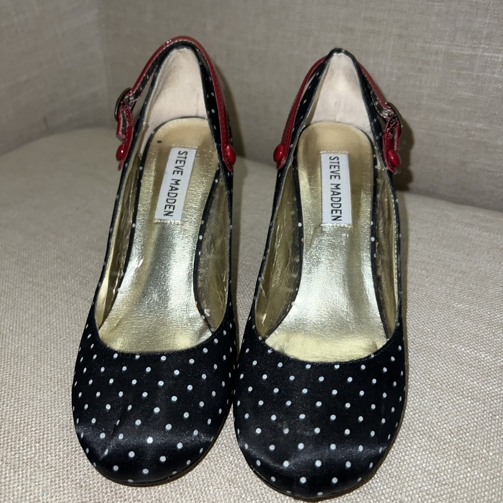 Retro Steve Madden Luvvy Black Polka Dot Heels Red Buckle Strappy 6M Rockabilly - Picture 2 of 11